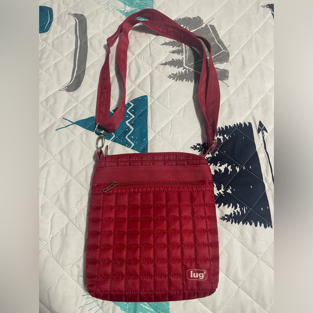 LUG Quilted Crossbody Bag Red Nylon Travel Handbag Shoulder Purse.
